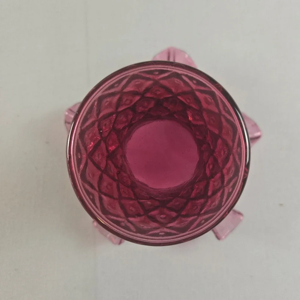 Vintage Cranberry Pink‎ Glass Ruffle Vase Diamond Pattern Fenton Style Art Glass